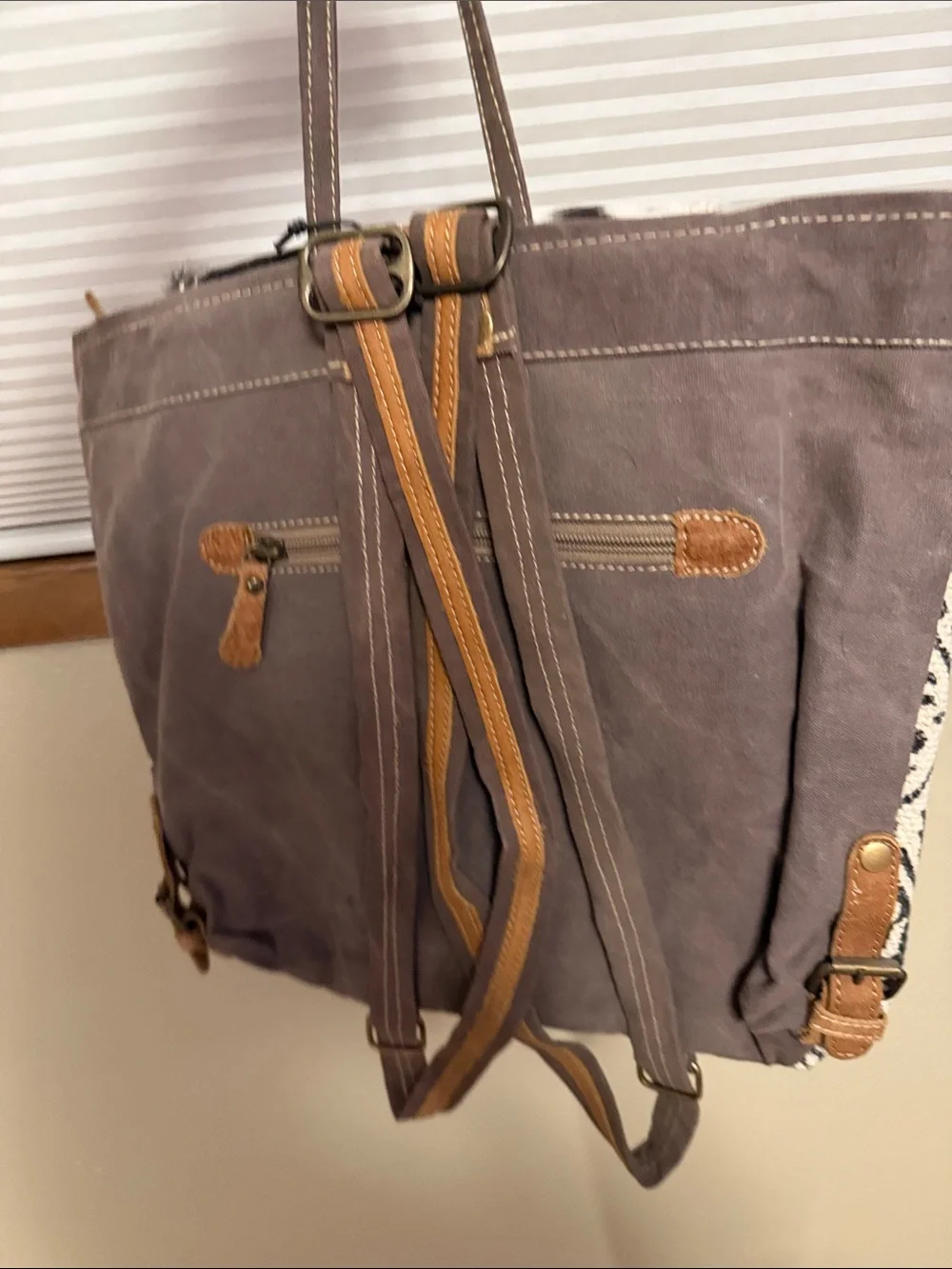 Myra Bag Black & White Cowhide Pattern Backpack with Tan Accents